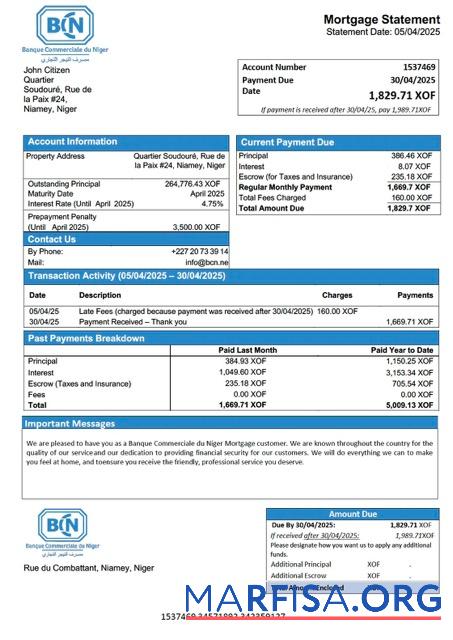 Blank Niger Banque Commerciale du Niger (BCN) mortgage statement Word and PDF template